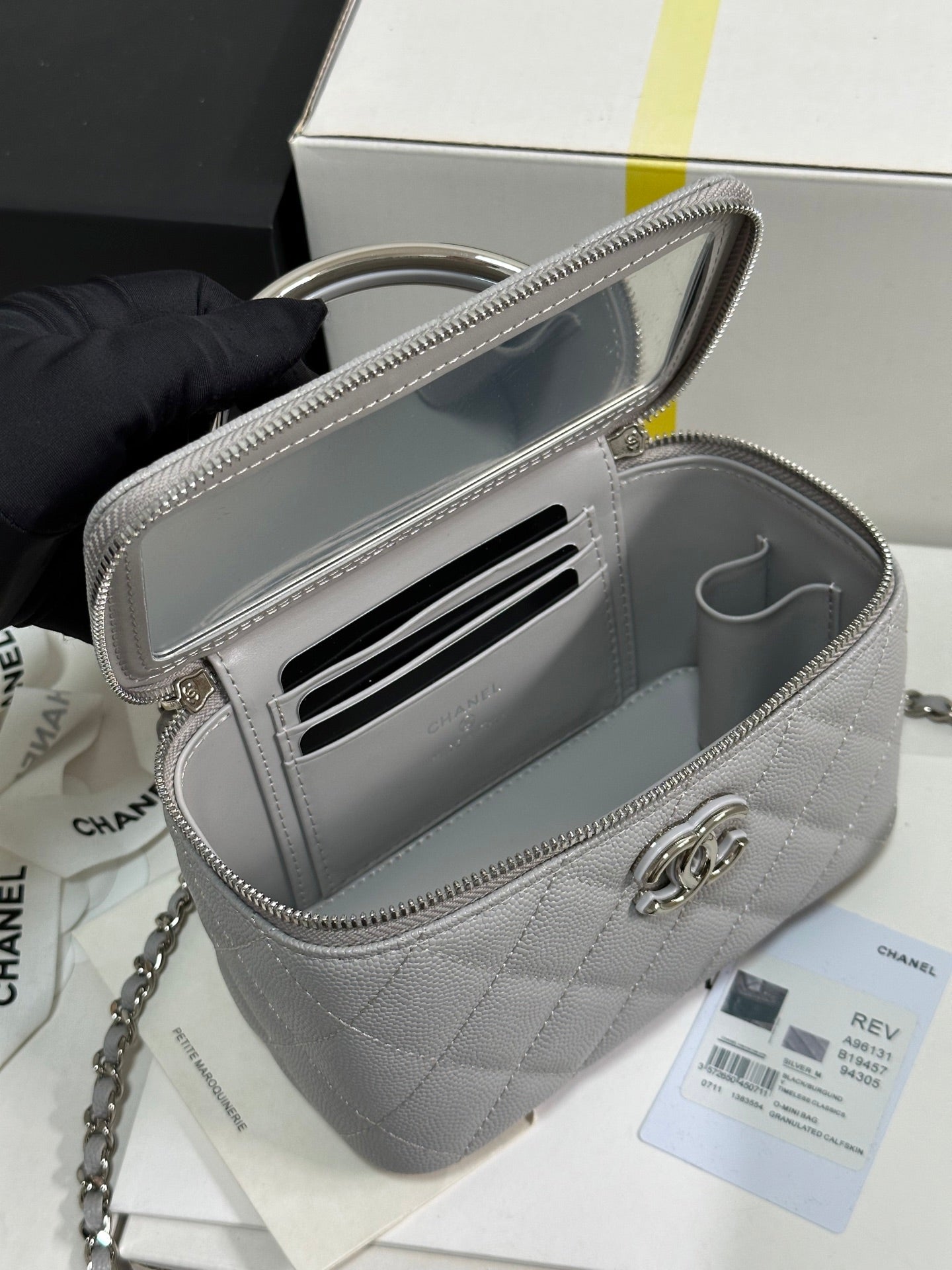 MINI VANITY TOP HANDLE CASE 17 IN GREY CAVIAR SKIN SILVER-TONE PLATED METAL