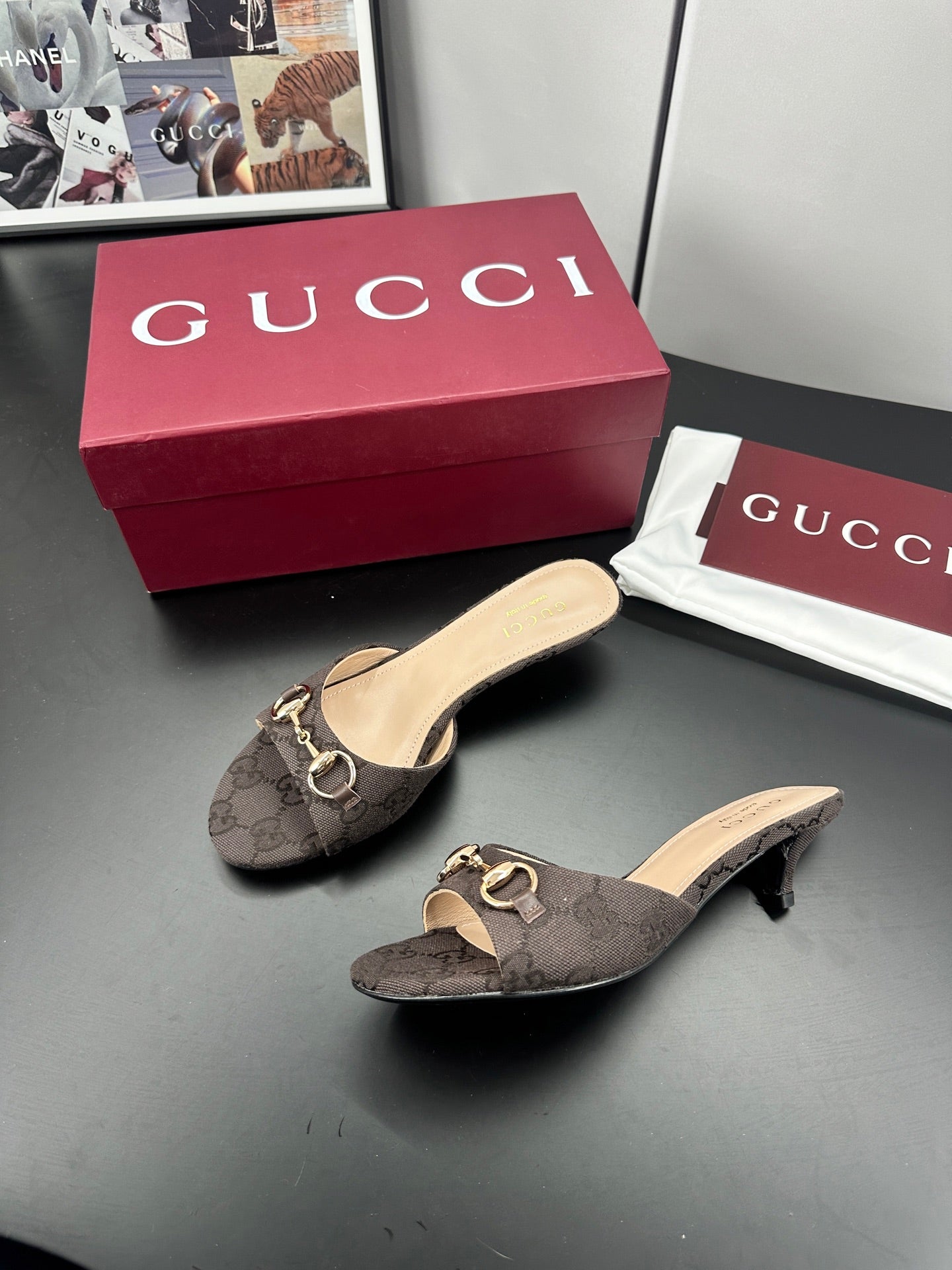 GUCCI 26S HIGH-HEELED SANDALS 50 MM IN DARK BROWN CANVAS
