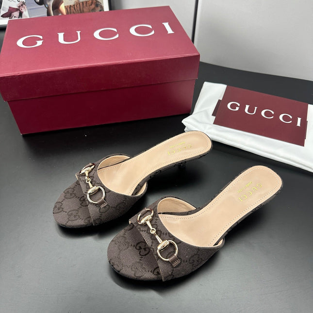GUCCI 26S HIGH-HEELED SANDALS 50 MM IN DARK BROWN CANVAS