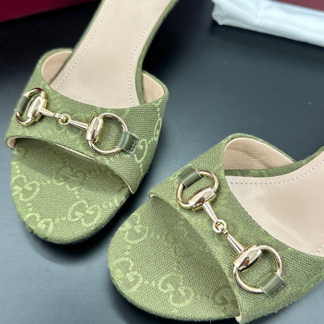 GUCCI 26S HIGH-HEELED SANDALS 50 MM IN MOSS GREEN CANVAS