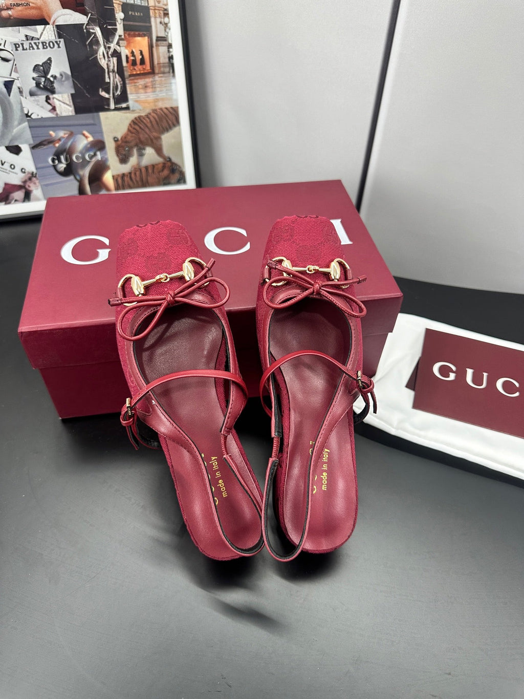 GUCCI 26S SLINGBACK 25 MM IN RED CANVAS