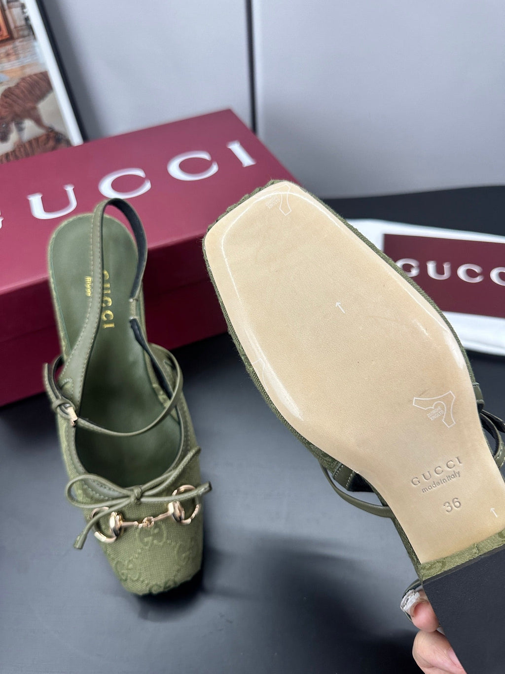 GUCCI 26S SLINGBACK 25 MM IN MOSS GREEN CANVAS