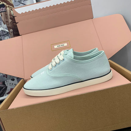 MIUMIU 26S LACE UP SNEAKERS IN PALE MINT CANVAS RUBBER SOLE