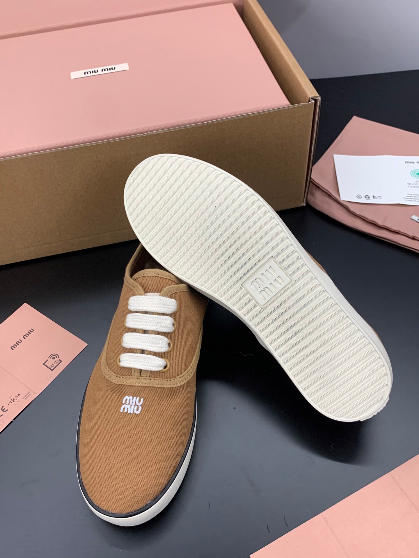 MIUMIU 26S LACE UP SNEAKERS IN CARAMEL BROWN CANVAS RUBBER SOLE