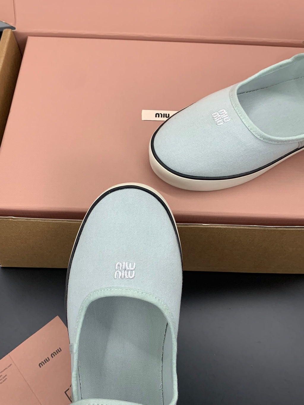MIUMIU 26S MARY JANE FLATS IN PALE MINT CANVAS LOGO