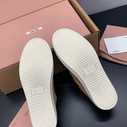 MIUMIU 26S MARY JANE FLATS IN CARAMEL BROWN CANVAS LOGO