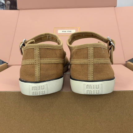 MIUMIU 26S MARY JANE FLATS IN CARAMEL BROWN CANVAS LOGO
