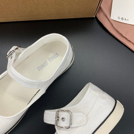 MIUMIU 26S MARY JANE FLATS IN WHITE CANVAS LOGO
