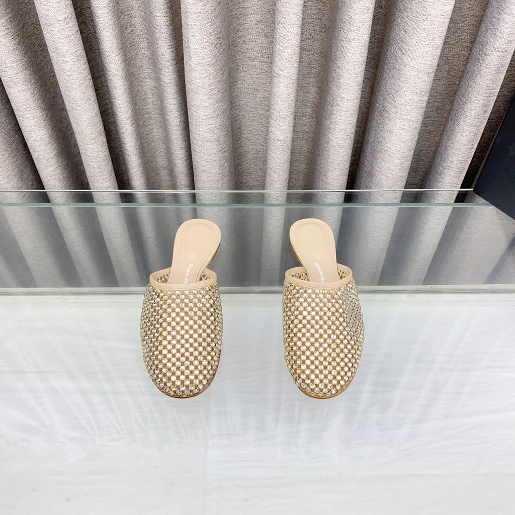 YELLOW CRYSTAL STUDDED FLAT MULE IN BEIGE MESH UPPER