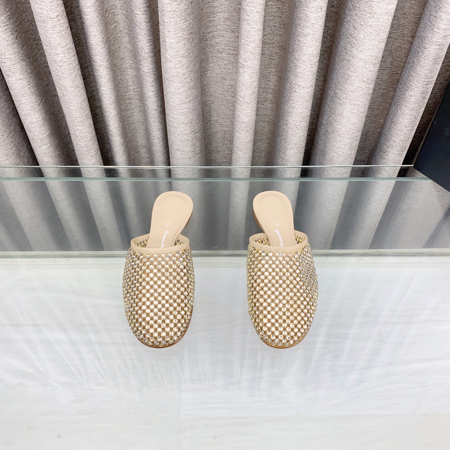 YELLOW CRYSTAL STUDDED FLAT MULE IN BEIGE MESH UPPER