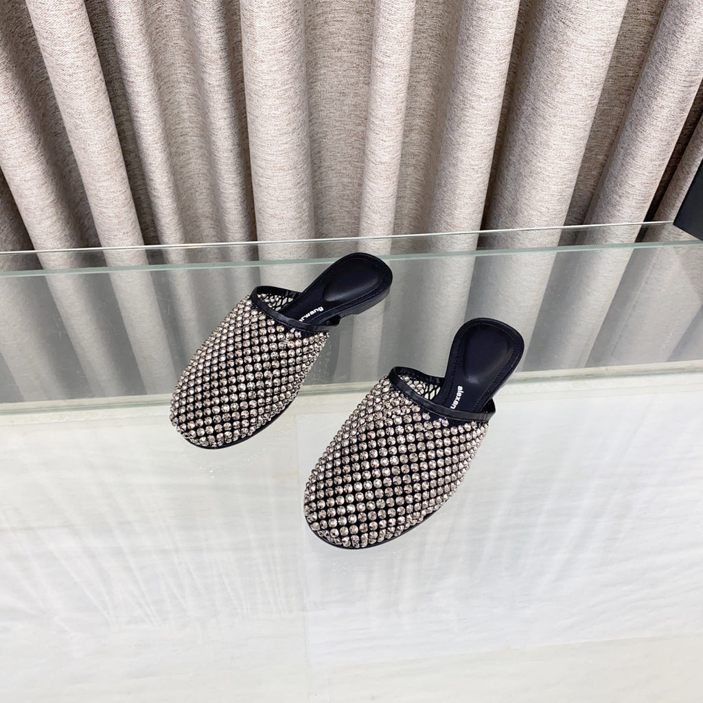 LIGHT BROWN CRYSTAL STUDDED FLAT MULE IN BLACK MESH UPPER