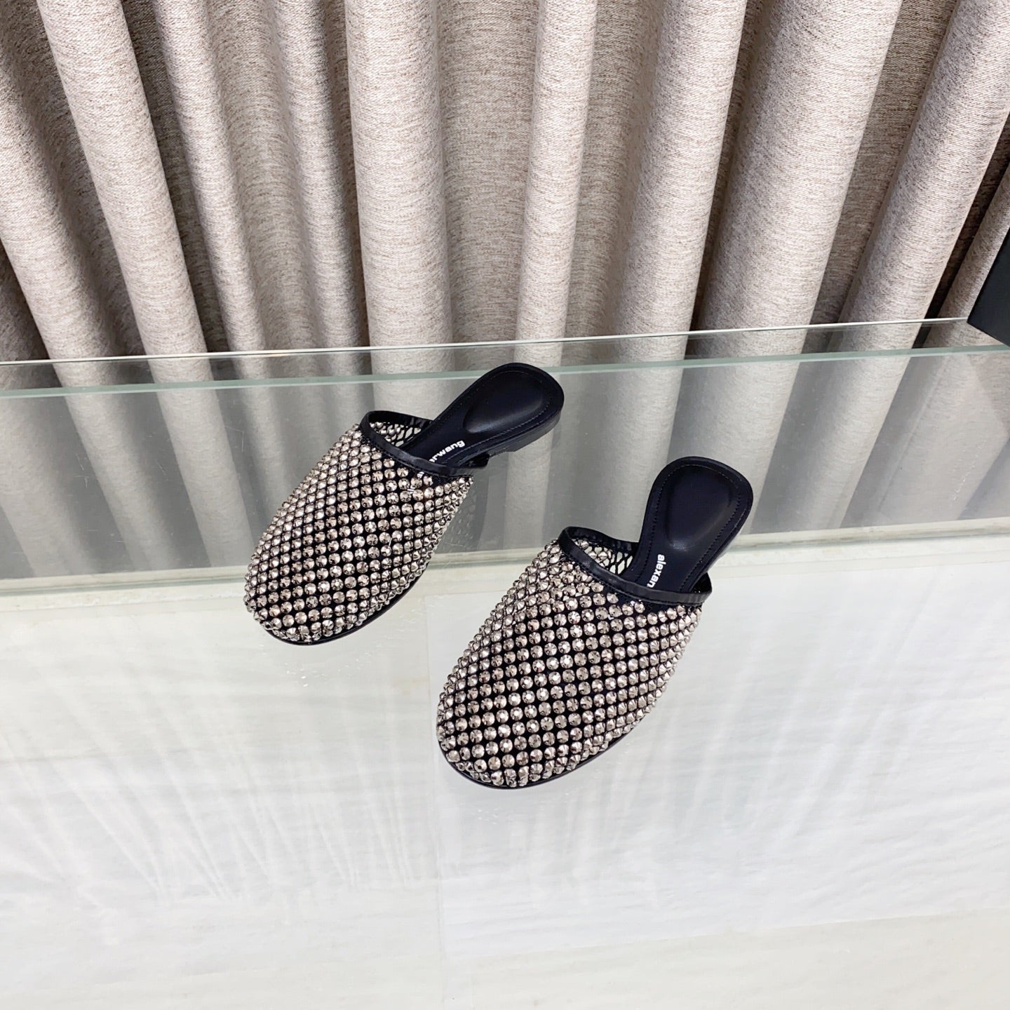 LIGHT BROWN CRYSTAL STUDDED FLAT MULE IN BLACK MESH UPPER