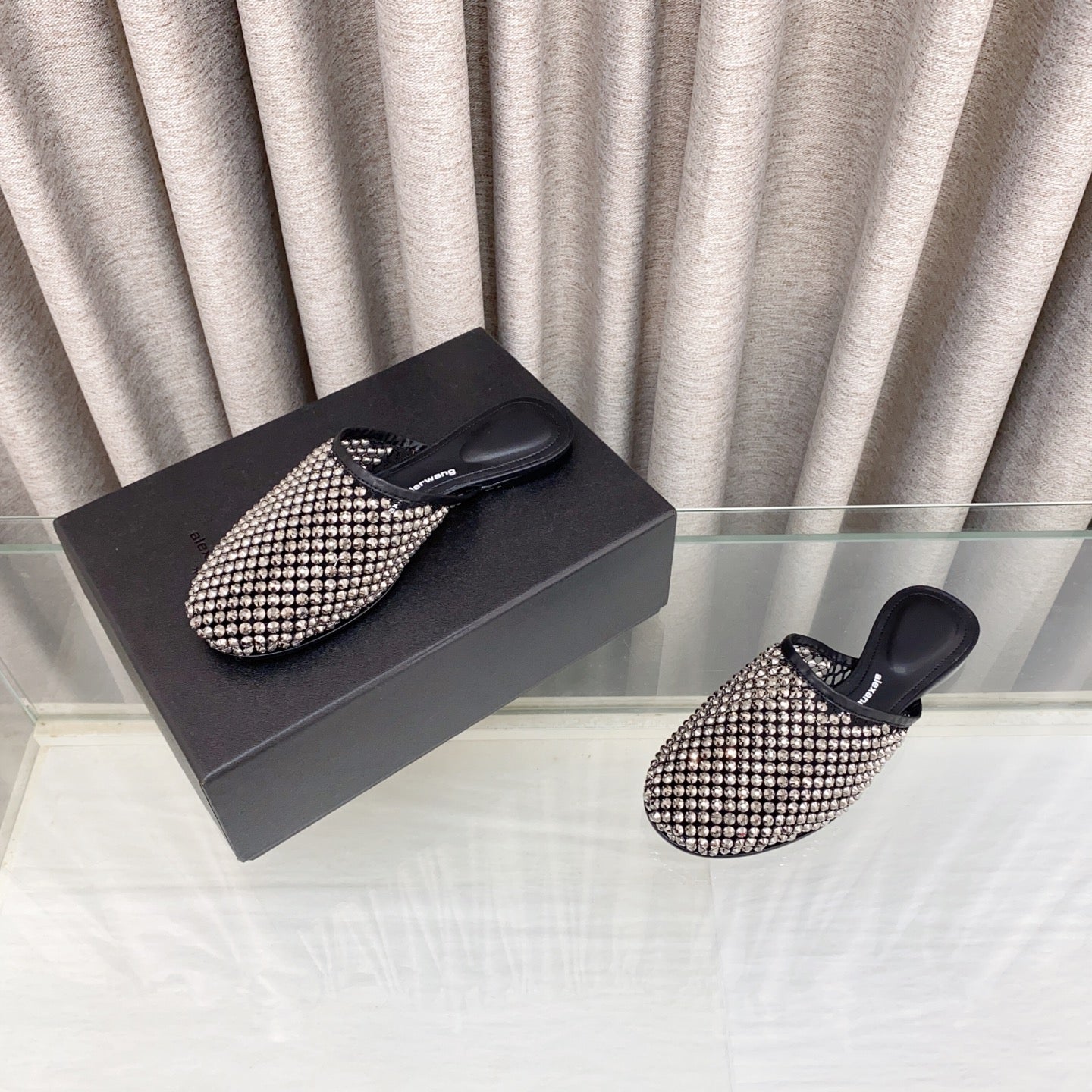 LIGHT BROWN CRYSTAL STUDDED FLAT MULE IN BLACK MESH UPPER