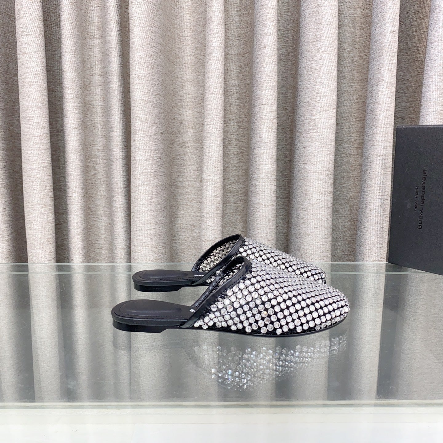 WHITE CRYSTAL STUDDED FLAT MULE IN BLACK MESH UPPER