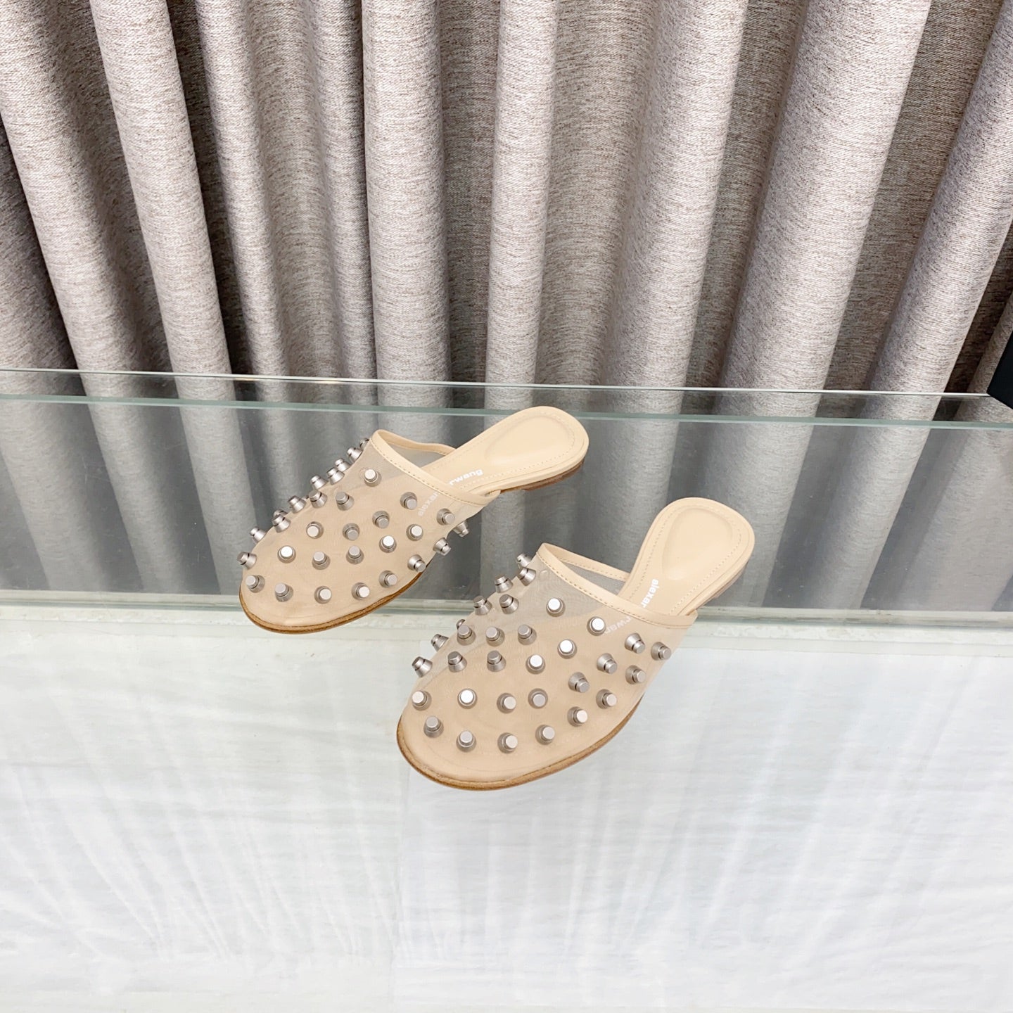 RHODES STUDDED FLAT MULE IN BEIGE MESH UPPER