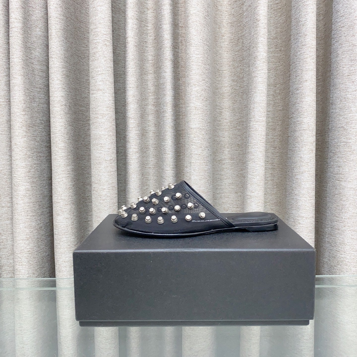 RHODES STUDDED FLAT MULE IN BLACK MESH UPPER