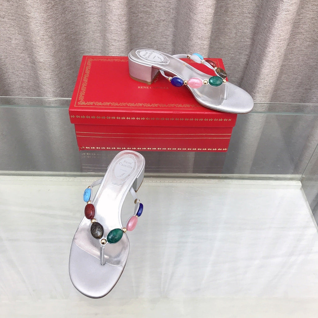 RENE CAOVILLA 26S THONG SANDALS 45 MM IN SILVER LAMBSKIN