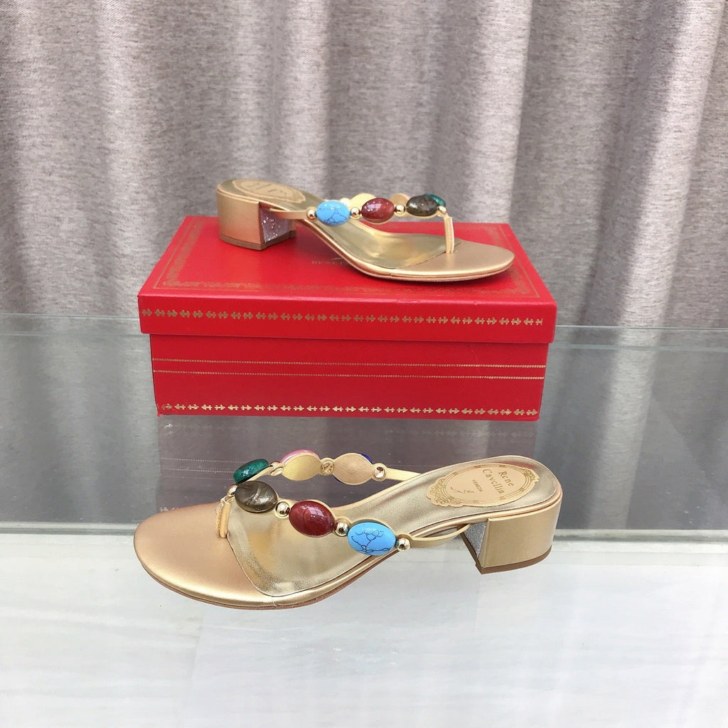 RENE CAOVILLA 26S THONG SANDALS 45 MM IN LIGHT GOLD LAMBSKIN
