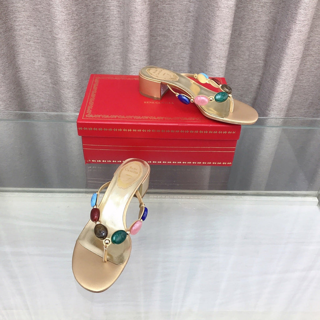 RENE CAOVILLA 26S THONG SANDALS 45 MM IN LIGHT GOLD LAMBSKIN