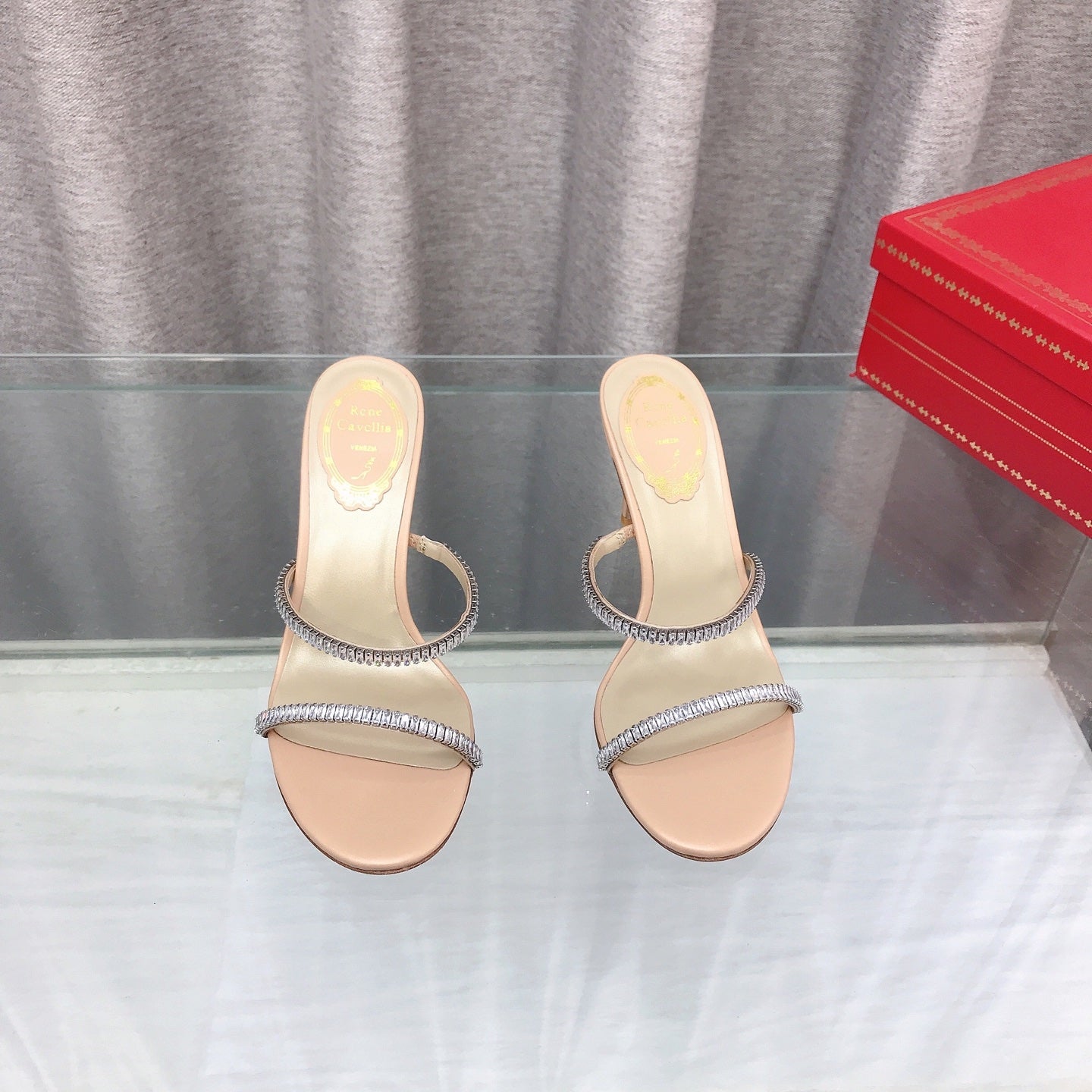 RENE CAOVILLA 26S HIGH-HEELED SANDALS 85 MM IN BEIGE LAMBSKIN