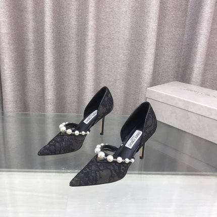 JIMMY CHOO 26S HIGH HEELS 85 MM IN BLACK LACE PEARL-EMBELLISHED