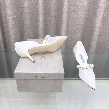 JIMMY CHOO 26S HIGH HEELS 65 MM IN WHITE LACE PEARL-EMBELLISHED