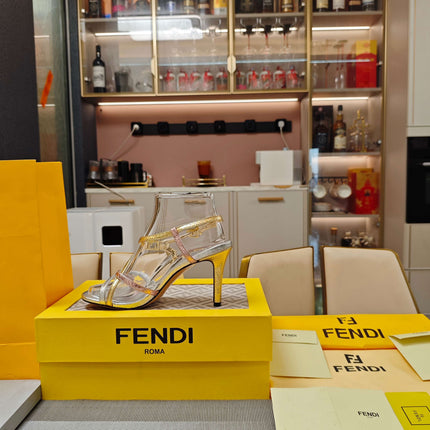 FENDI 26S HIGH-HEELED SANDALS 85 MM IN SILVER AND GOLD CALFSKIN