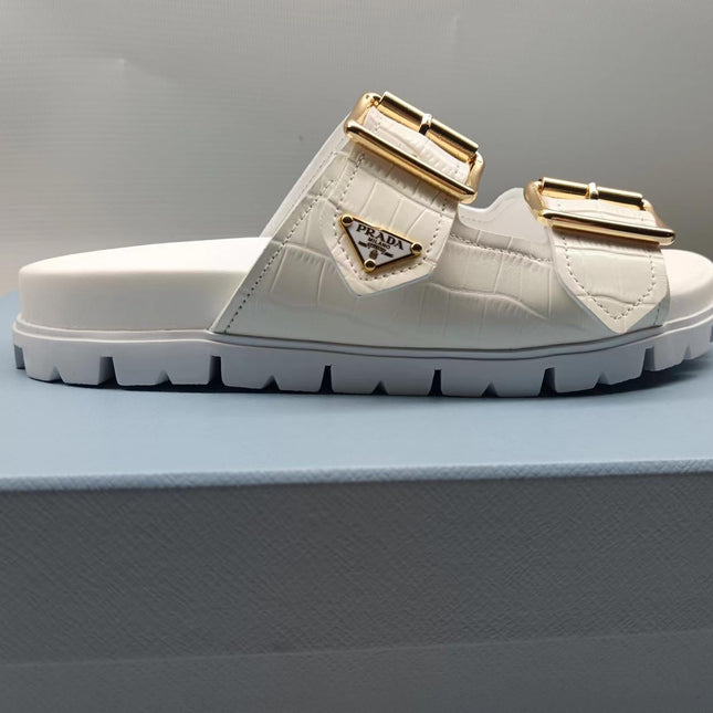 PRADA 26S STRAP SLIDES IN IVORY WHITE CROC EMBOSSED CALFSKIN GOLD HARDWARE