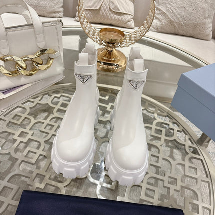 PRADA 26S MONOLITH CHELSEA BOOTS IN WHITE CALFSKIN AND FABRIC