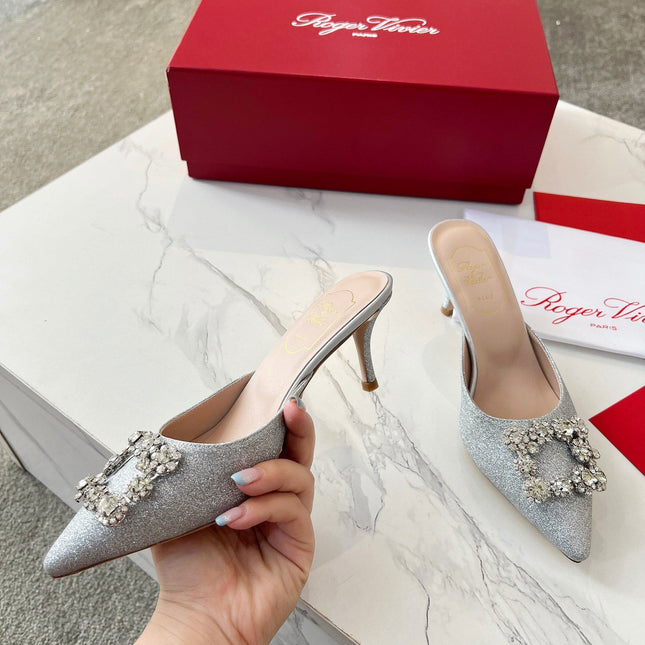 EFFLORESCENCE MULES IN SILVER SATIN EMBELLISHED GLITTER