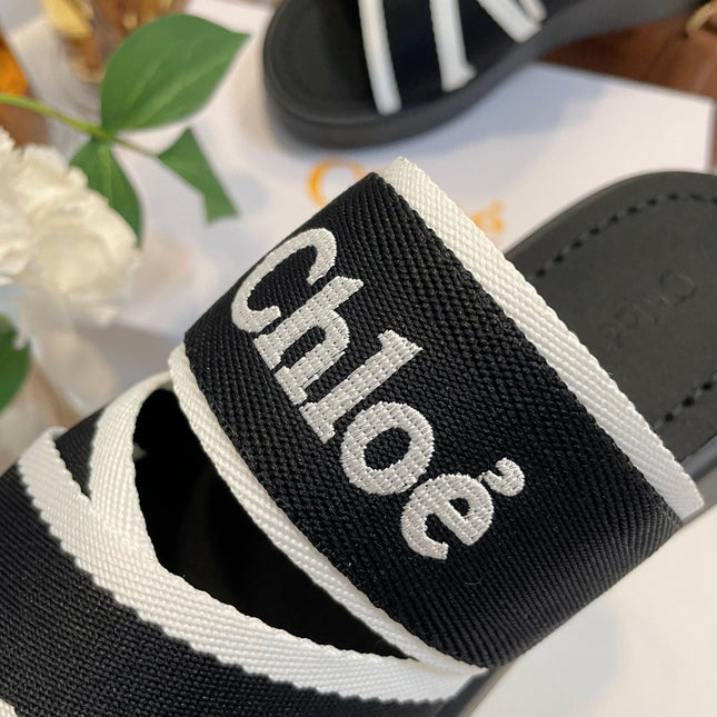 WOODY WEDGE SANDALS IN BLACK MIX WHITE CANVAS WITH RUBBER SOLE