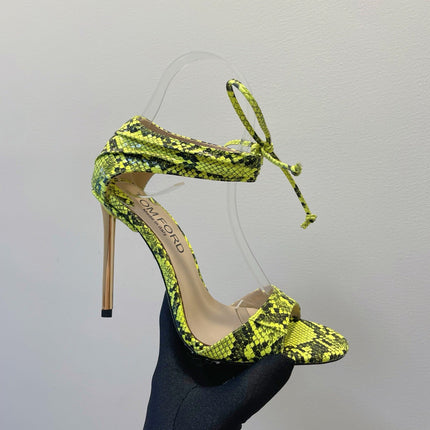 TOM FORD 26S HIGH HEEL SANDALS IN NEON YELLOW AND BLACK SNAKESKIN CALFSKIN