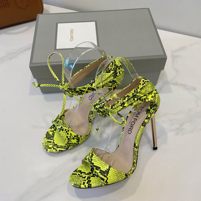TOM FORD 26S HIGH HEEL SANDALS IN NEON YELLOW AND BLACK SNAKESKIN CALFSKIN