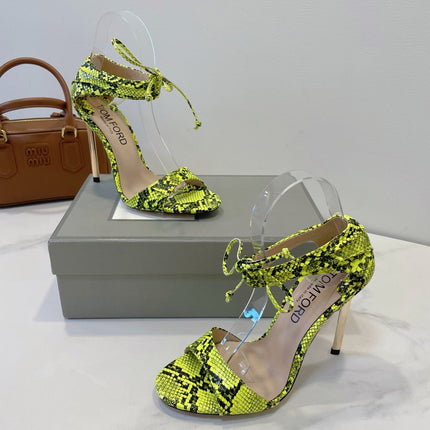 TOM FORD 26S HIGH HEEL SANDALS IN NEON YELLOW AND BLACK SNAKESKIN CALFSKIN