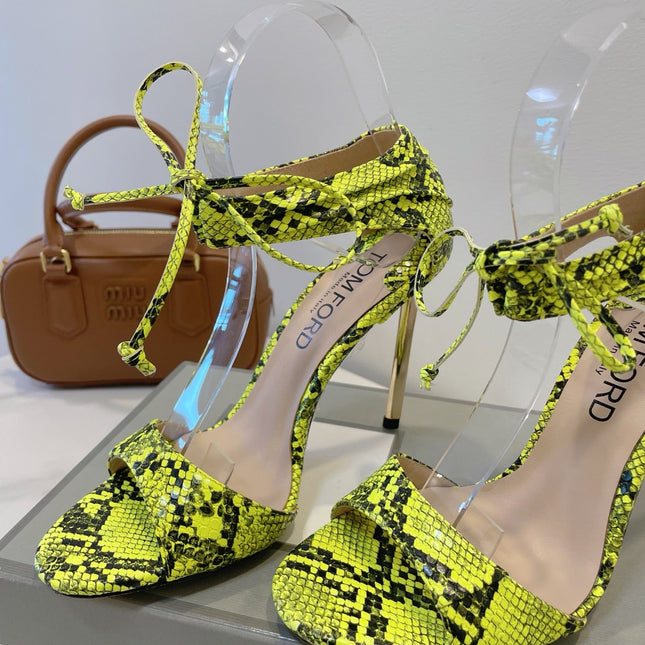 TOM FORD 26S HIGH HEEL SANDALS IN NEON YELLOW AND BLACK SNAKESKIN CALFSKIN