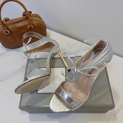 TOM FORD 26S HIGH HEEL SANDALS IN METALLIC SILVER SNAKESKIN CALFSKIN