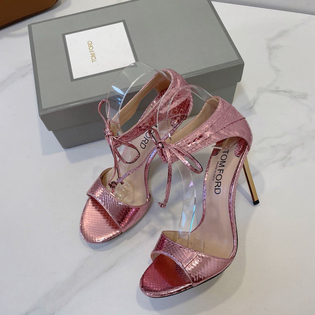 TOM FORD 26S HIGH HEEL SANDALS IN LIGHT METALLIC PINK SNAKESKIN CALFSKIN