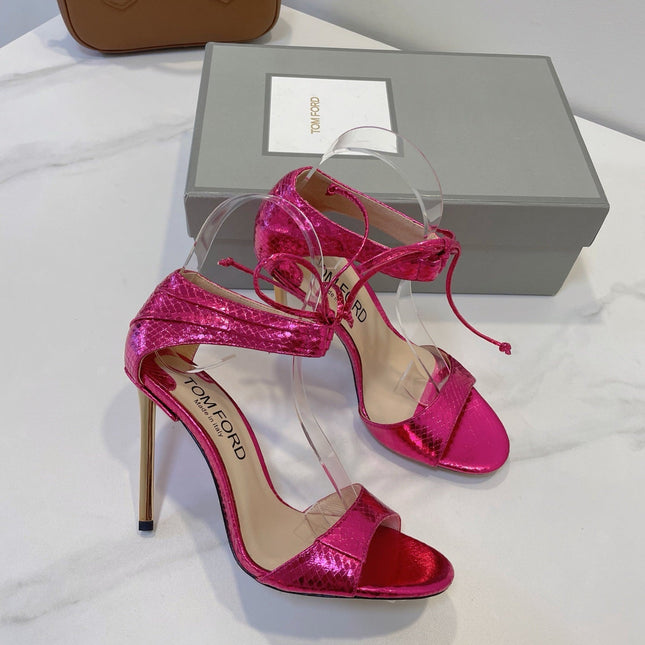TOM FORD 26S HIGH HEEL SANDALS IN DARK METALLIC PINK SNAKESKIN CALFSKIN