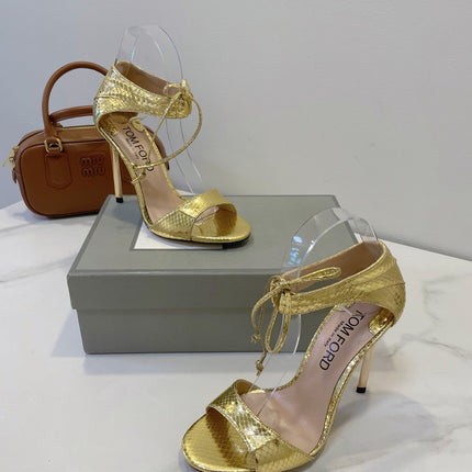 TOM FORD 26S HIGH HEEL SANDALS IN METALLIC GOLD SNAKESKIN CALFSKIN