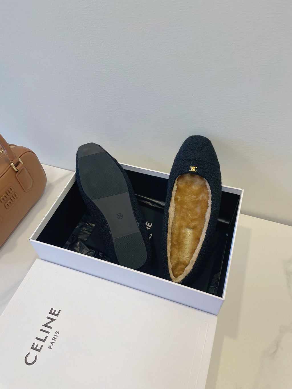 CELINE 26S FLAT SHOES IN BLACK WOOL