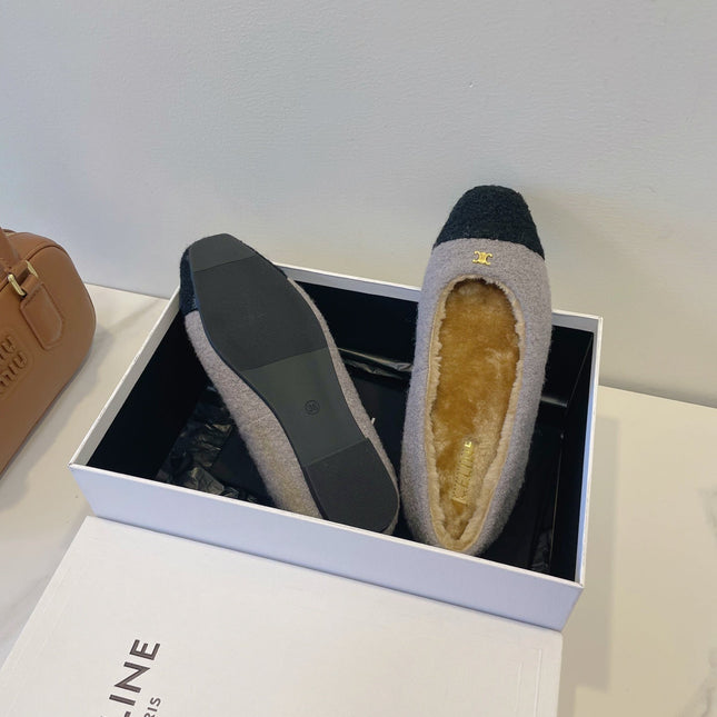 CELINE 26S FLAT SHOES IN GREY AND BLACK WOOL