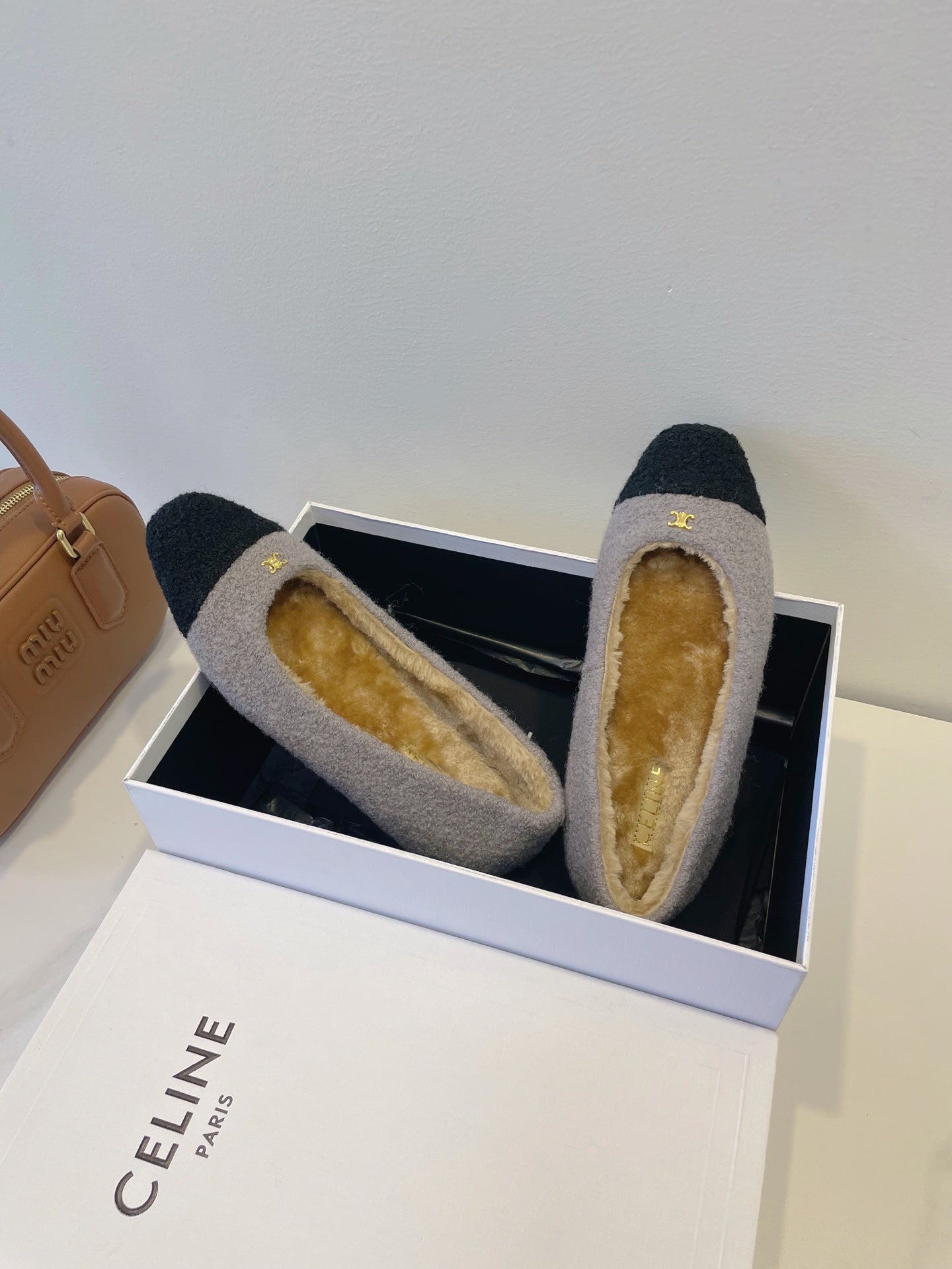 CELINE 26S FLAT SHOES IN GREY AND BLACK WOOL