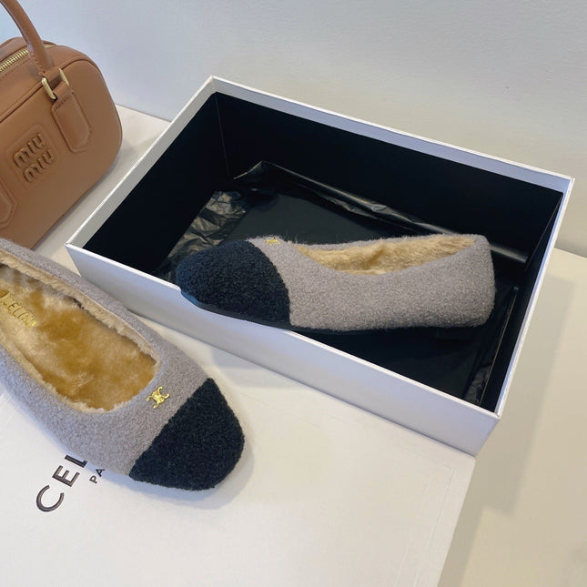 CELINE 26S FLAT SHOES IN GREY AND BLACK WOOL