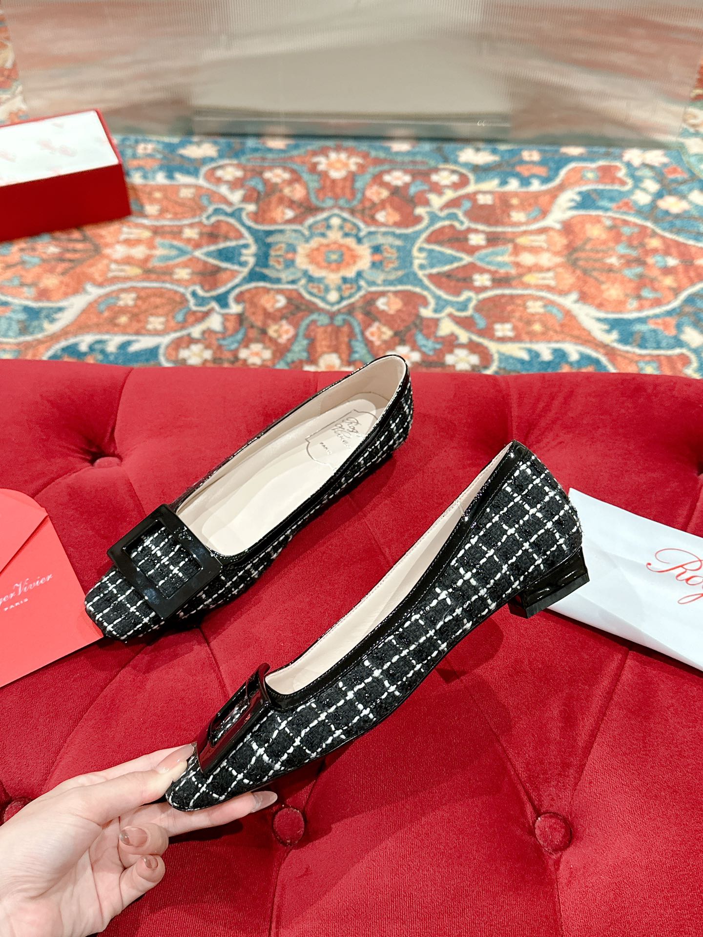 TROMPETTE BALLERINAS IN BLACK TWEED WITH WHITE STRIPES