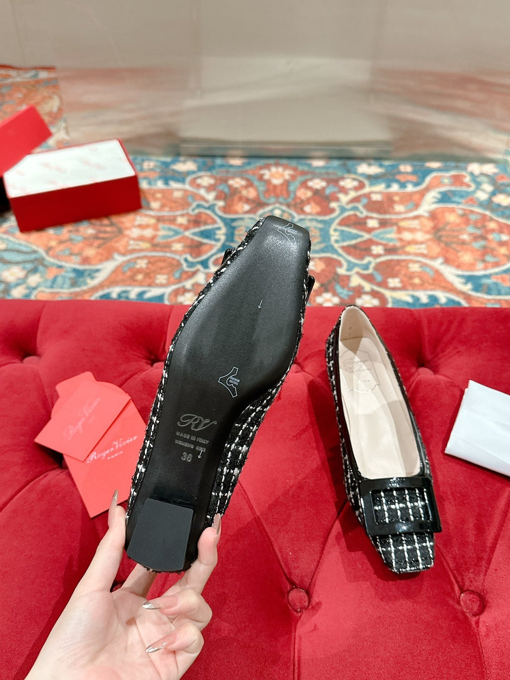 TROMPETTE BALLERINAS IN BLACK TWEED WITH WHITE STRIPES