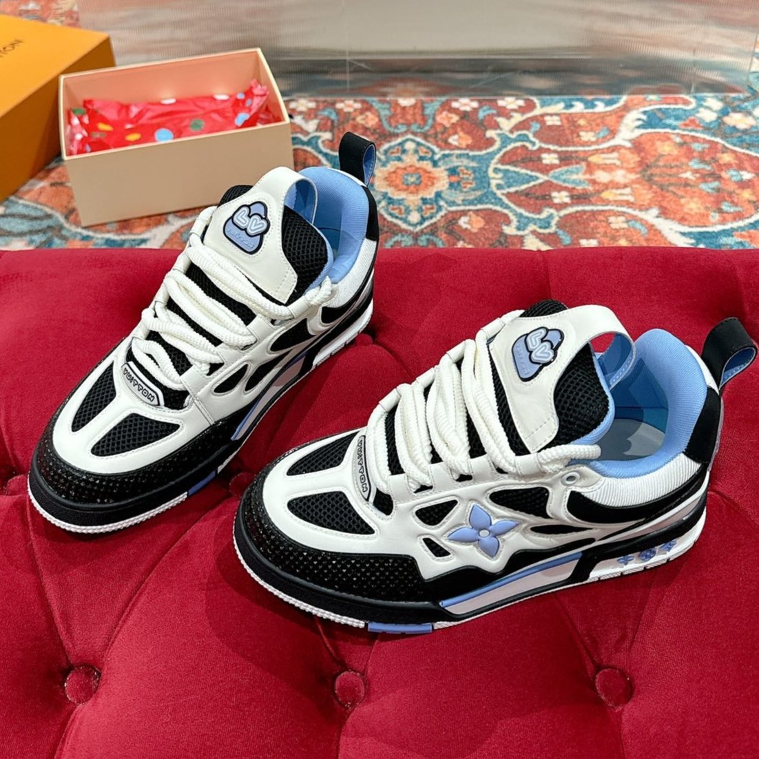 LV SKATE SNEAKER IN WHITE MIX BLACK AND SKY BLUE CALFSKIN