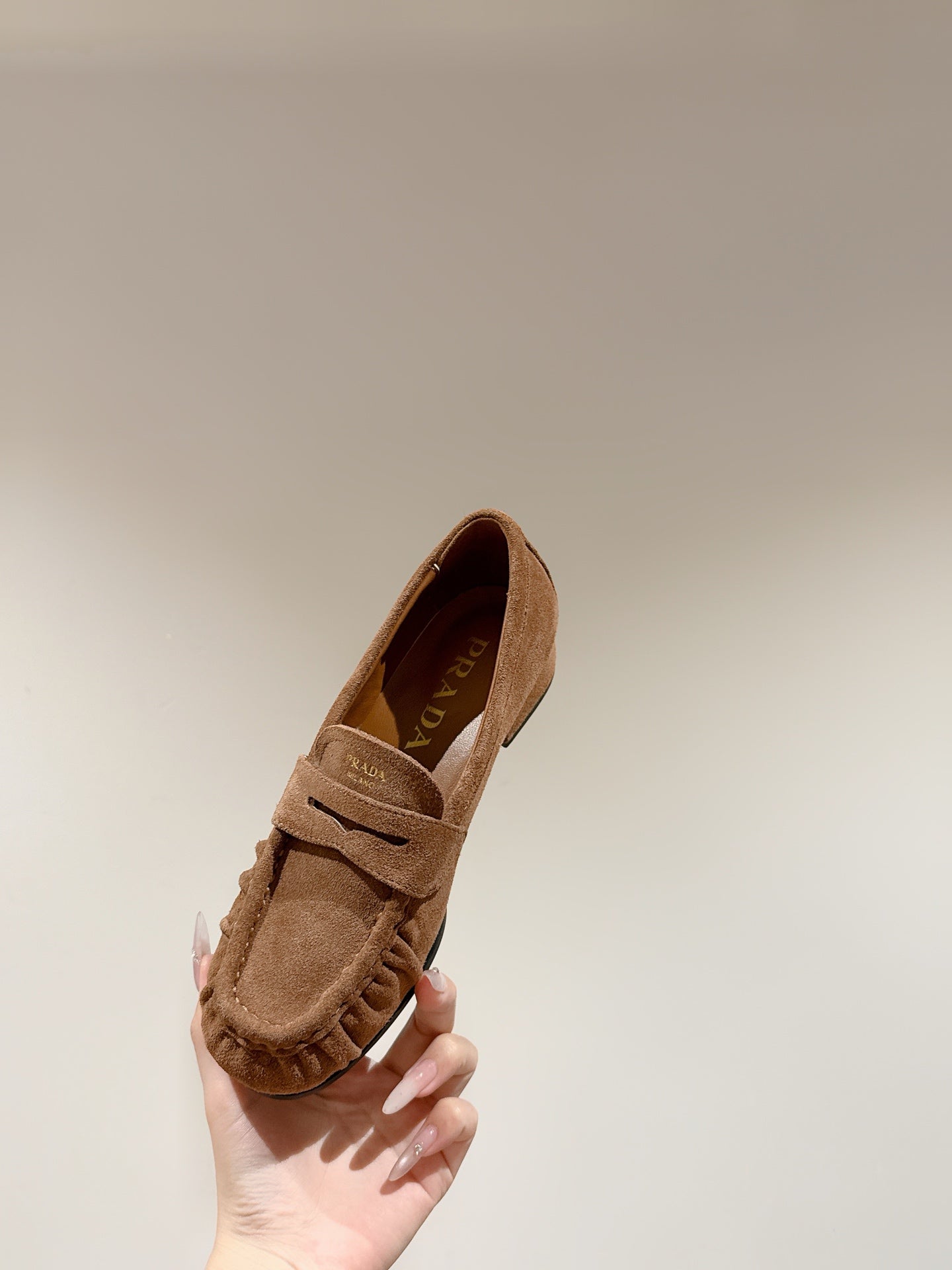 PRADA 26S LOAFERS 25MM IN CARAMEL BROWN SUEDE