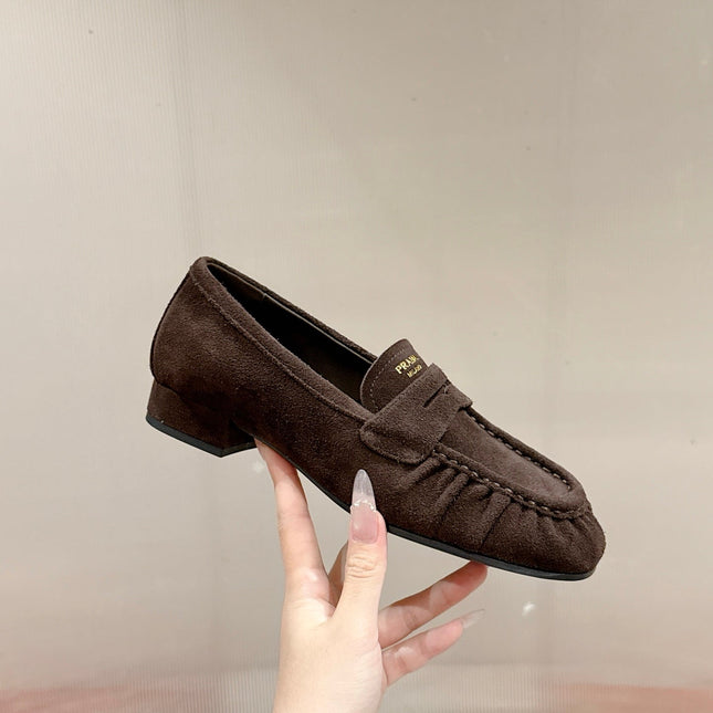 PRADA 26S LOAFERS 25MM IN CHOCOLATE BROWN SUEDE