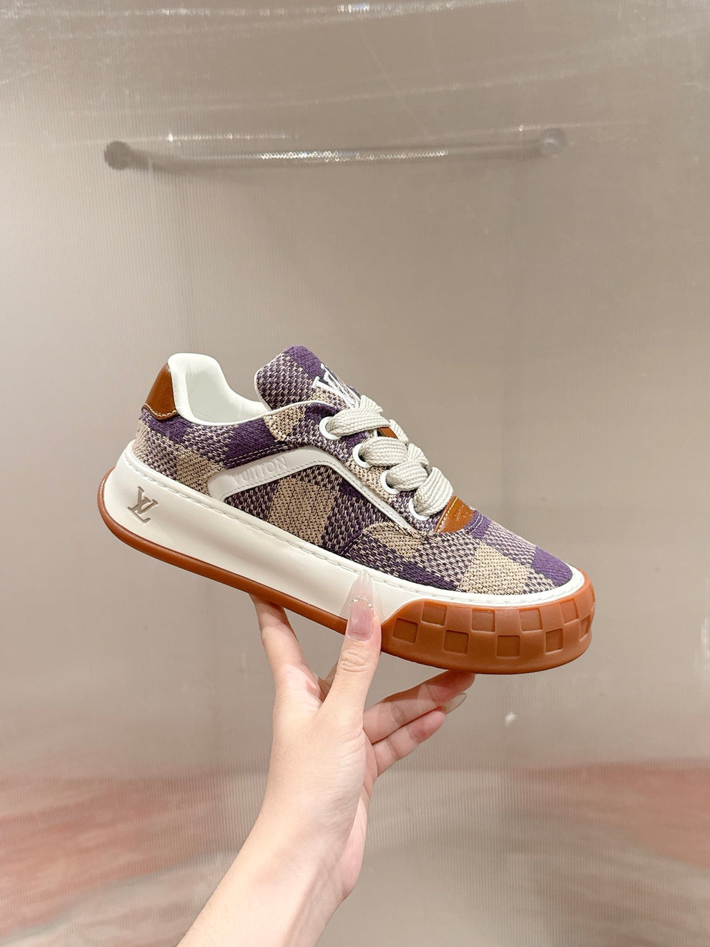 LV 26S PLAID SNEAKERS IN BEIGE MIX PURPLE FABRIC