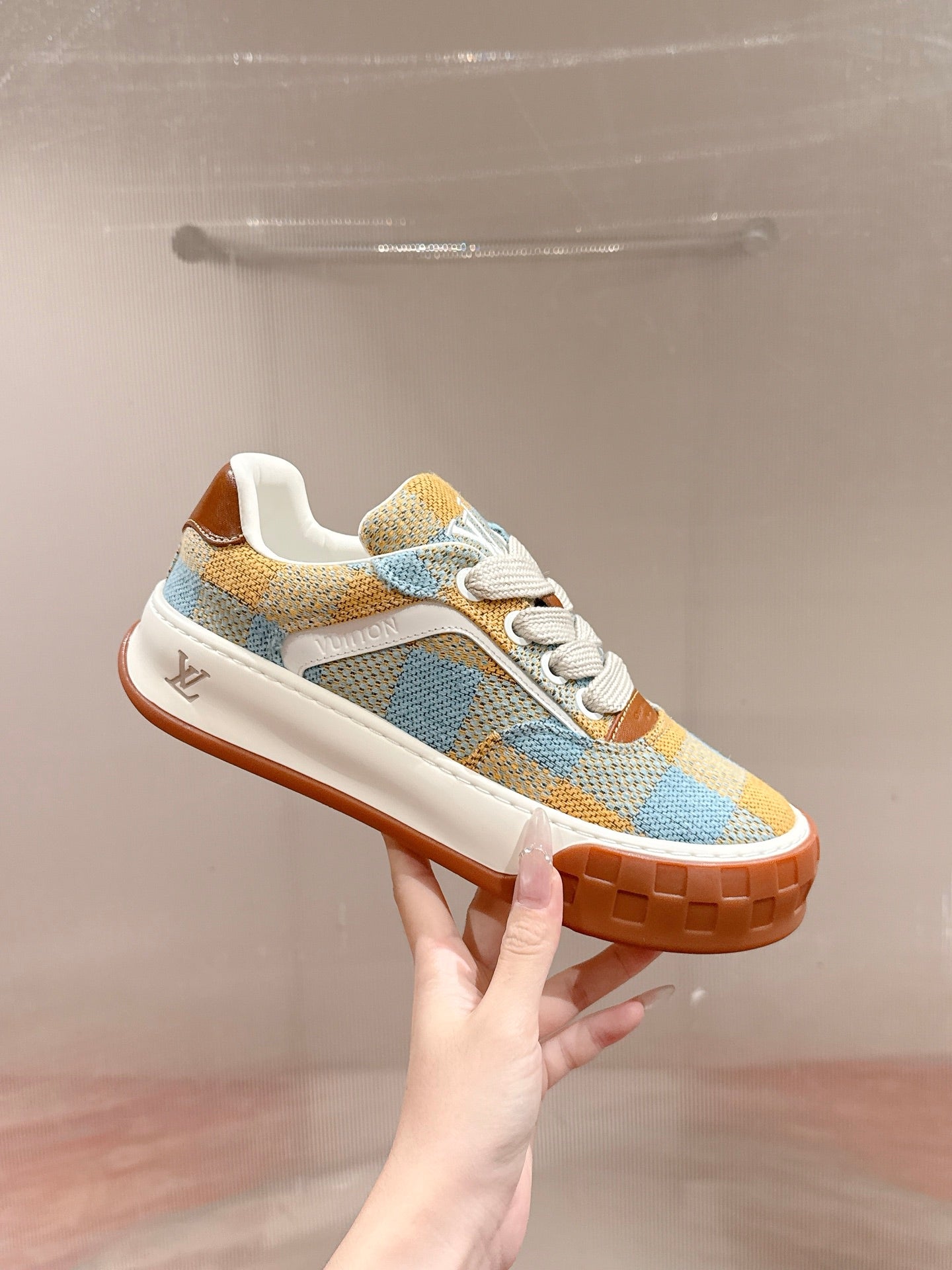 LV 26S PLAID SNEAKERS IN YELLOW MIX SKY BLUE FABRIC